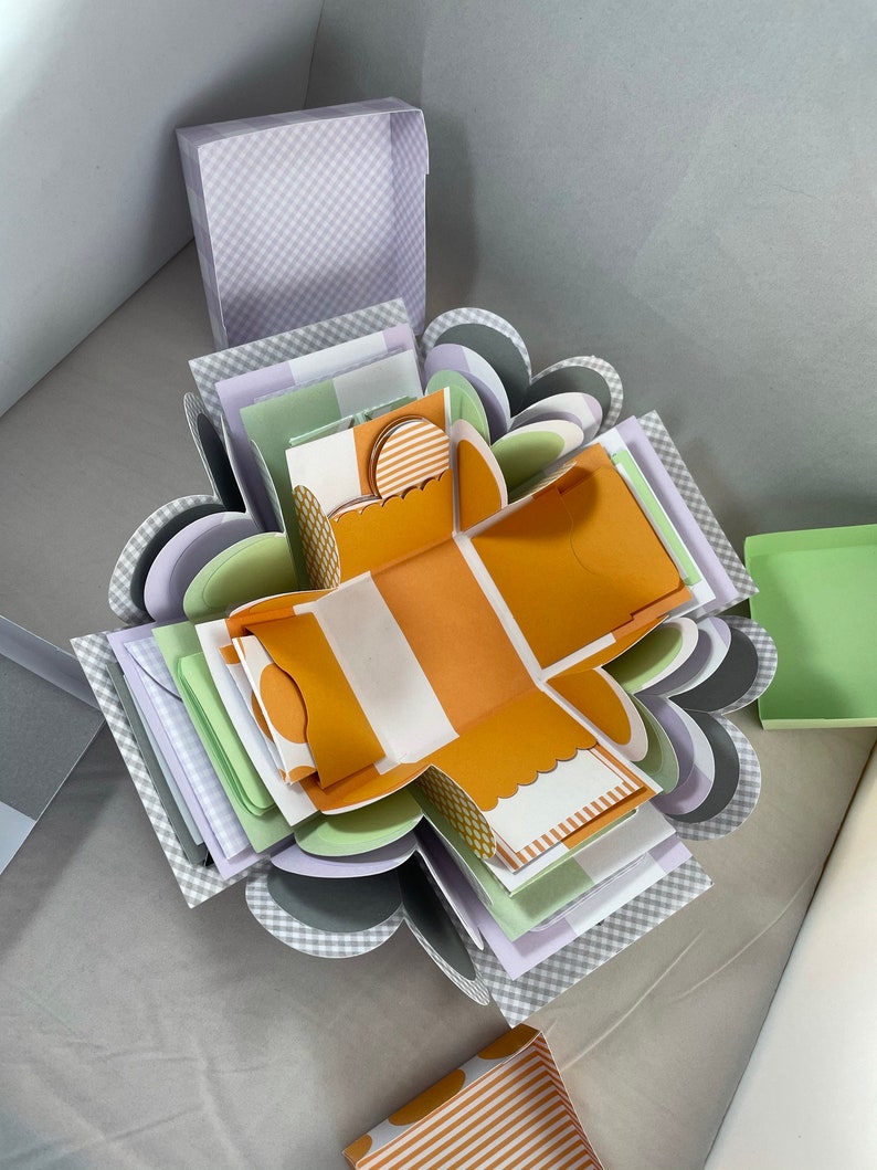 Pode incluir: Uma caixa de explos&atilde;o de v&aacute;rias camadas com um design em forma de cora&ccedil;&atilde;o. A caixa &eacute; feita de papel e apresenta uma variedade de cores e padr&otilde;es, incluindo cinza, branco, verde e laranja. A caixa est&aacute; aberta e as camadas s&atilde;o vis&iacute;veis.