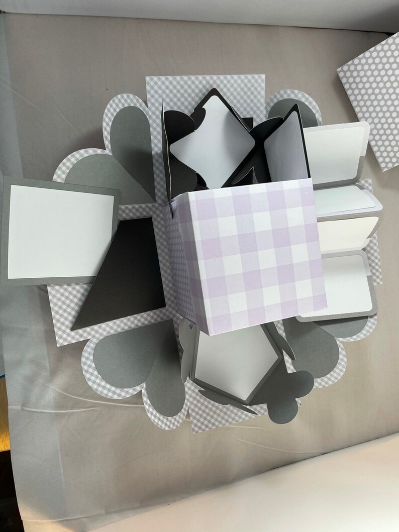 Pode incluir: Uma caixa de explos&atilde;o xadrez cinza e branca com uma caixa xadrez roxa e branca dentro. A caixa est&aacute; aberta e tem v&aacute;rios pain&eacute;is brancos dentro.