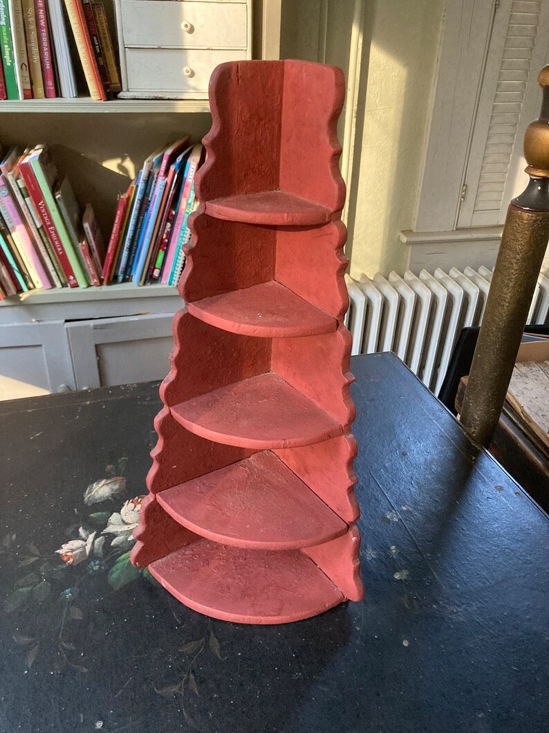 Small Vintage Corner Shelf With Red Milk Paint and Scroll Detail Etsy