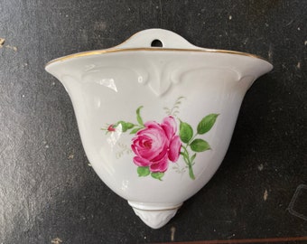 Vintage Von Schierholz wall pocket with hand-painted rose and gold trim