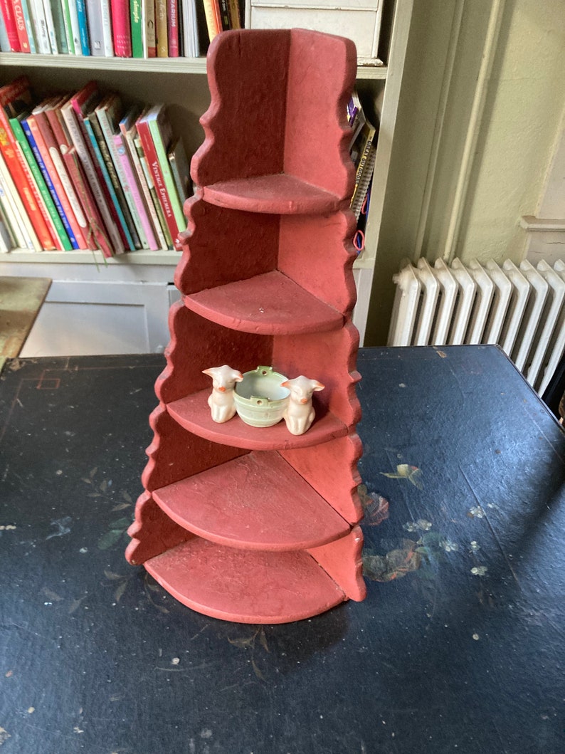 Small Vintage Corner Shelf With Red Milk Paint and Scroll Detail Etsy