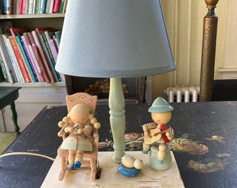 Vintage IRMI wooden nursery lamp with night light, boy and girl in shoe, new shade
