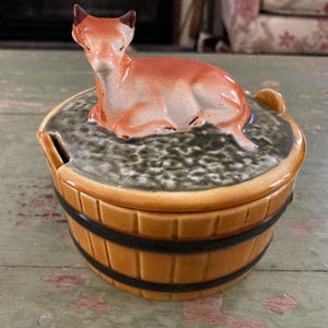 Vintage butter dish with cow and barrel, Made in Portugal by Secla