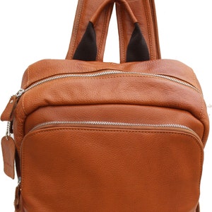 May include: A brown leather backpack with two zippered compartments and a top handle. The backpack has a textured leather finish.