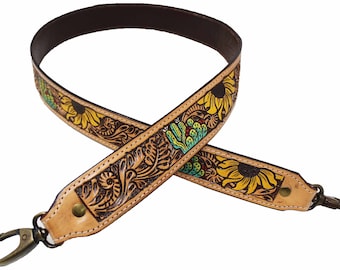 Personalized Replacement Purse Bag Guitar Strap Genuine Leather cactus Hand Tooled 40" Long 115FK