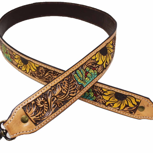 Personalized Replacement Purse Bag Guitar Strap Genuine Leather cactus Hand Tooled 40" Long 115FK