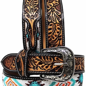 Personalized Customized Heavy Duty Western Hand Tooled Full Grain Beaded Belt Removable Buckle Men Women Girl Boy BeltRT40
