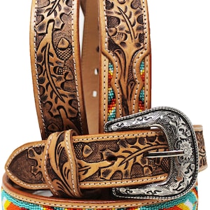 Personalized Customized Heavy Duty Western Hand Tooled Full Grain Beaded Belt Removable Buckle Men Women Girl Boy BeltRT52