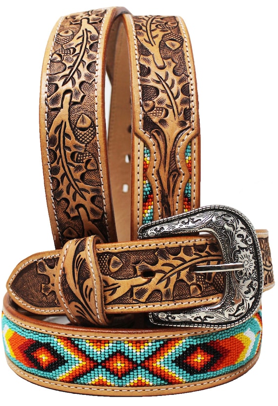 Custom Hand-Beaded Belt Made To Order Custom Hand Tooled Beaded Leather Belt  main image 4