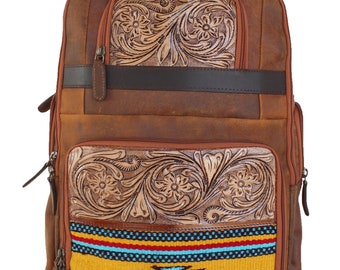 Personalized Customized Western Hand Tooled Leather Handwoven Travel Utility Backpack 73