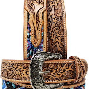 Personalized Customized Heavy Duty Western Hand Tooled Full Grain Beaded Belt Removable Buckle Men Women Girl Boy BeltRT53