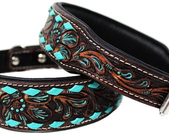 Personalized Western Hand Tooled Beaded 100% Genuine Leather Engraved Padded Dog Puppy Collar Stainless Steel Rust Proof Buckle FK21