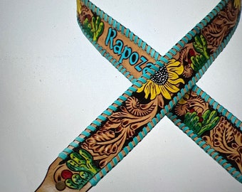 Personalized Replacement Purse Bag Guitar Strap Genuine Leather cactus Hand Tooled 40" Long
