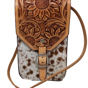 Bolso bandolera para teléfono personalizado, hecho a mano en cuero color canela