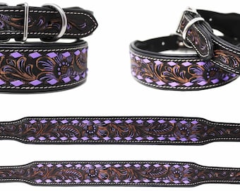 May include: A black leather dog collar with a purple and brown floral design. The collar has a silver buckle and is available in multiple sizes.