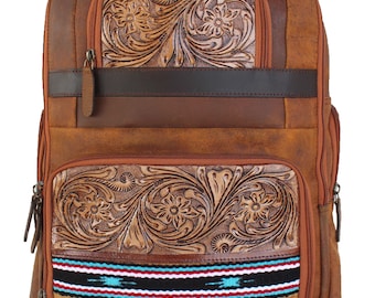 Personalized Customized Western Hand Tooled Leather Handwoven Travel Utility Backpack 72