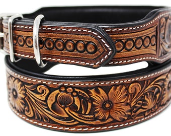 Personalized Western Hand Tooled Beaded 100% Genuine Leather Engraved Padded Dog Puppy Collar Stainless Steel Rust Proof Buckle FK12