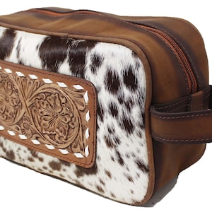 Bolso de viaje de piel de vaca personalizado con bolsillo con cremallera, neceser para afeitado, artículos de tocador, neceser de viaje occidental para mujeres y hombres 16