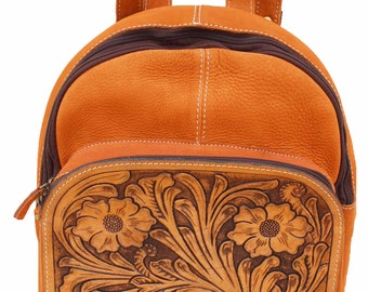 Personalized Customized Tan Leather Hand Tooled Travel Backpack Bag Zip Pocket Western Women RTB01