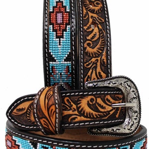 Personalized Customized Heavy Duty Western Hand Tooled Full Grain Beaded Belt Removable Buckle Men Women Girl Boy BeltRT24