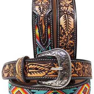44” Personalized Customized Heavy Duty Western Hand Tooled Full Grain Beaded Belt Removable Buckle Men Women Girl Boy BeltRT44