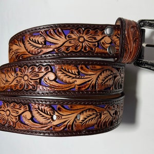 42” Purple Inlay  Personalized Customized Heavy Duty Western Hand Tooled Full Grain Leather Belt Guitar Shoulder Strap FK22 purple