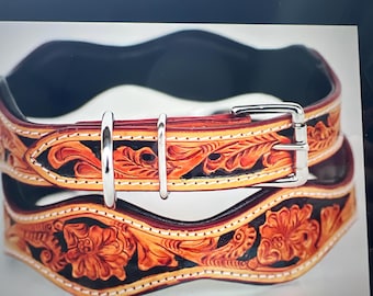 Personalized Hand Tooled 100% Genuine Leather wavy cut  Padded Dog Puppy Collar Stainless Steel Rust Proof Buckle dog80 add concho
