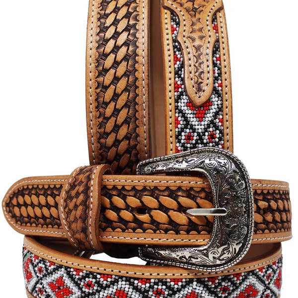 Personalized Customized Heavy Duty Western Hand Tooled Full Grain Beaded Belt Removable Buckle Men Women Girl Boy BeltRT46
