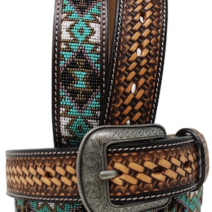 Personalized Customized Heavy Duty Western Hand Tooled Full Grain Beaded Belt Removable Buckle Men Women Girl Boy BeltRT08