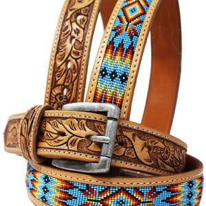 Personalized Customized Heavy Duty Western Hand Tooled Full Grain Beaded Belt Removable Buckle Men Women Girl Boy BeltRT29