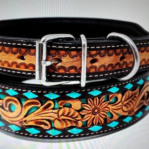 May include: A brown leather dog collar with turquoise and brown tooled designs. The collar has a silver buckle and stitching.