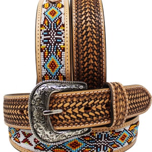 Personalized Customized Heavy Duty Western Hand Tooled Full Grain Beaded Belt Removable Buckle Men Women Girl Boy BeltRT35