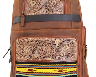 Personalized Customized Western Hand Tooled Leather Handwoven Travel Utility Backpack 70