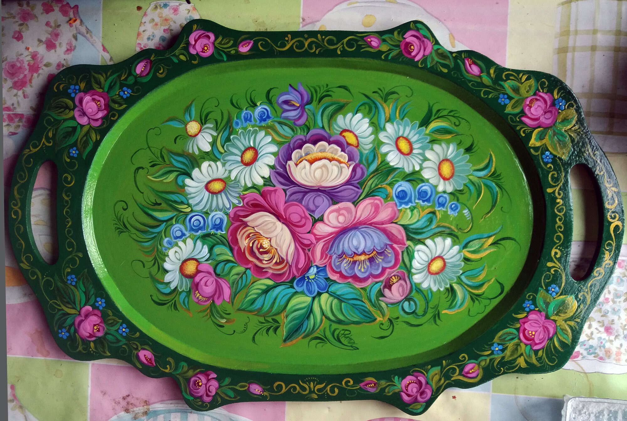 Meadow flowers. Hand painted figured tray in Zhostovo floral Etsy