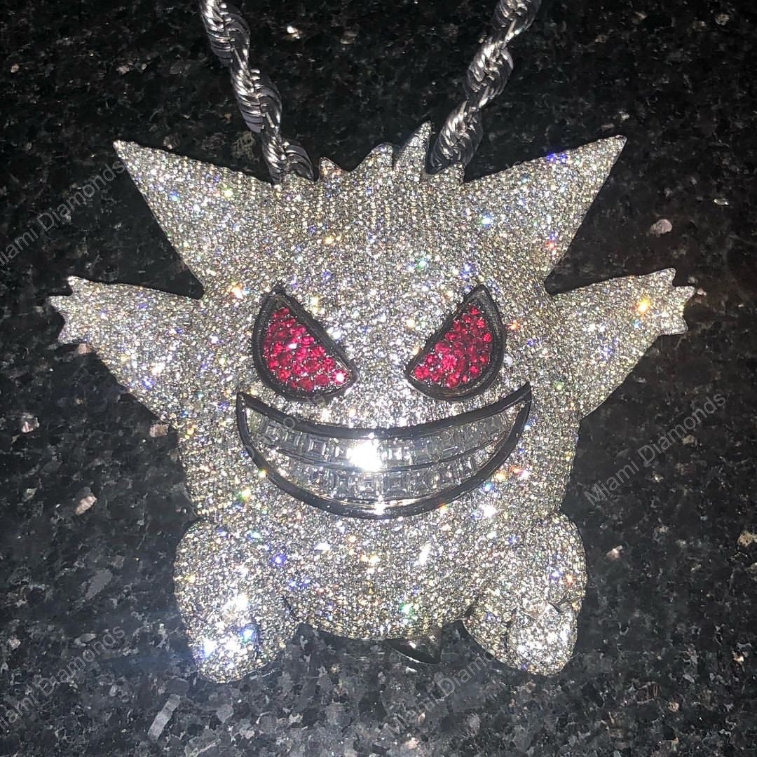 Real Iced CZ Hip Hop 925 Sterling Silver Gengar Pokemon Pendant Necklace  Mens