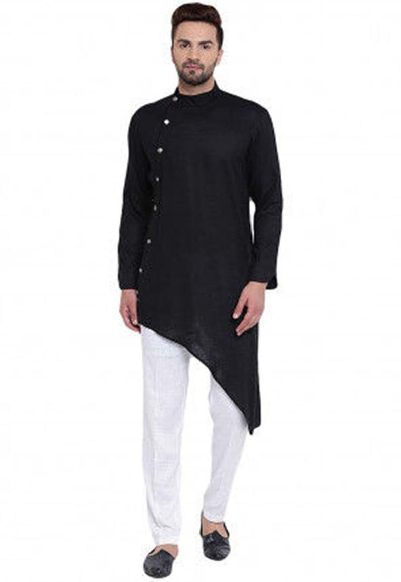 Lakkar Havali Indian 100% Cotton Mens Kurta Shirt Blue Color Tunic Loose Fit Plus Size Dots Print Lakkar Havali Indian 100% Cotton Mens Kurta Shirt Blue Color Tunic Loose Fit Plus Size Dots Print