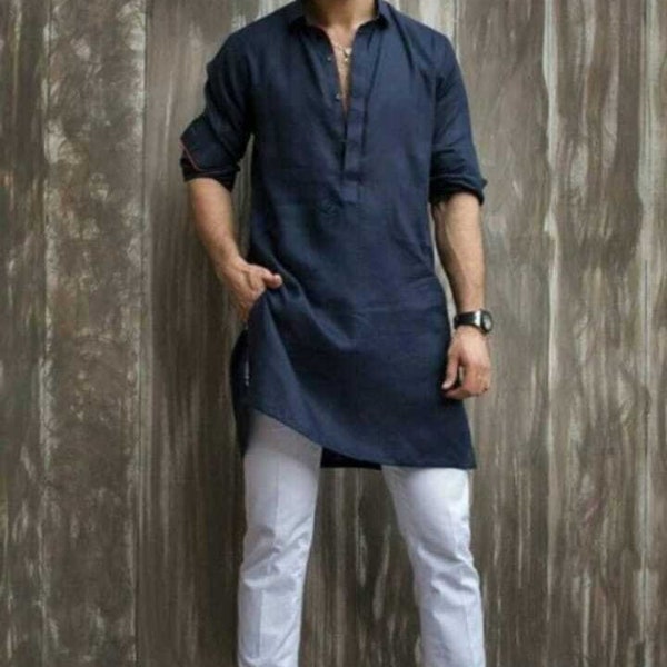 Men Top Tunic Long Sleeve Shirt, Cotton Long Kurta, 100% Cotton Men's Shirts, Cotton Mandarin Collar, Traditional Kurta