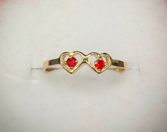 10K Gold Double Heart Ring,Womens Heart Ring, Gold Heart Ring, Two Hearts Ring, Red CZ Stone Heart Ring, Girls Heart Ring, Double Heart Ring