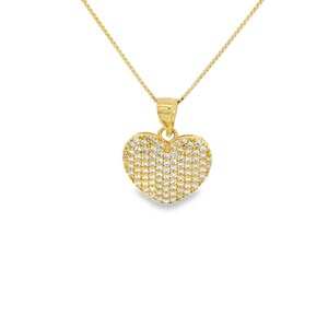 May include: A gold heart-shaped pendant necklace with a pave setting of clear cubic zirconia stones.