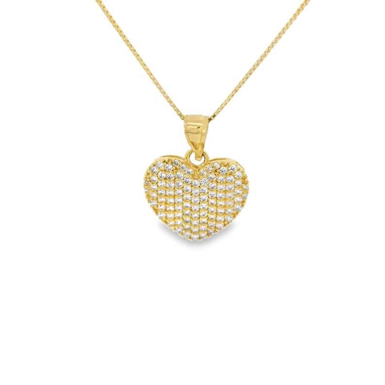 May include: A gold heart-shaped pendant necklace with a pave setting of clear cubic zirconia stones.