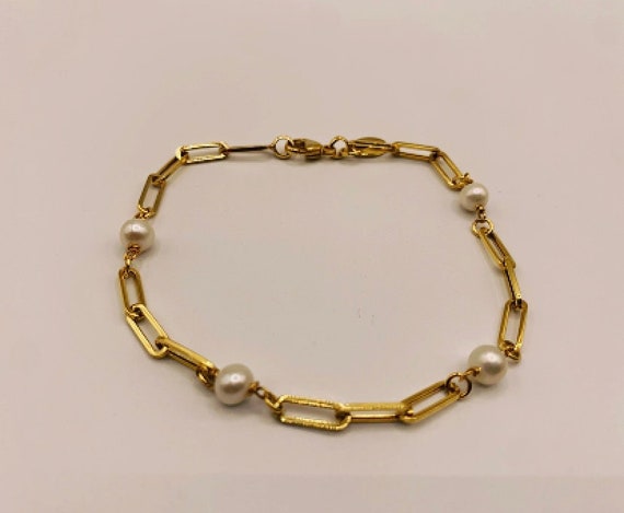 10K Gold Pearl Bracelet, Gold Link Bracelet, Pearl Gold Bracelet, Womens Pearl Bracelet, Gold Bracelet, Pearl Jewelry, 10K Pearl Chain