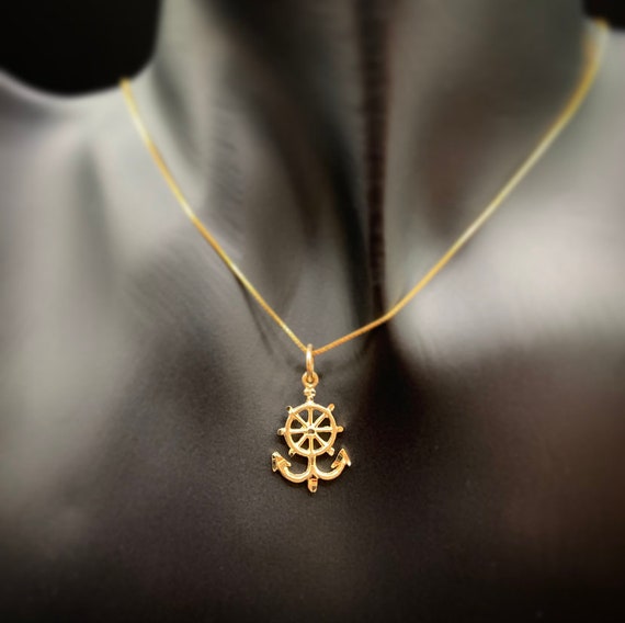 10k Gold Ship's Wheel with Anchor Pendant 18 10k Gold Ship's Wheel with Anchor Pendant 18