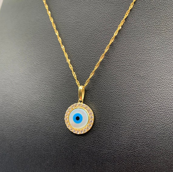 10K Gold Circle Evil Eye Pendant,cz Stone Evil Eye Pendant