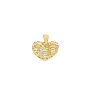 May include: A gold heart-shaped pendant with a pave setting of clear cubic zirconia stones.