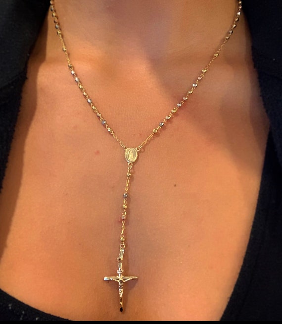 Real 10k Rosary Yellow Gold Diamond Cut Jesus Crucifix Necklace 18
