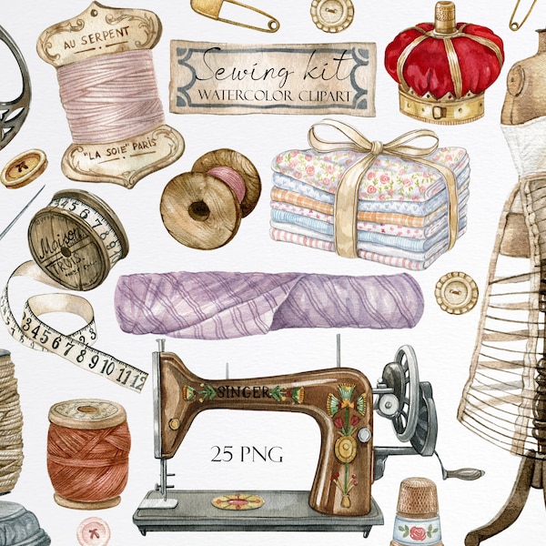 Clipart de kit de couture vintage aquarelle. Broderie, machine à coudre, clipart tissu, clipart mannequin, aiguille, bobine de fil, couture, bouton PNG