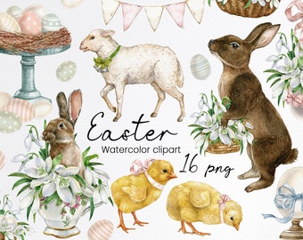 Watercolor easter clipart,Easter bunny clipart,egg clipart,spring basket,chicken PNG,cute lamb,white sheep,illustration,instant download