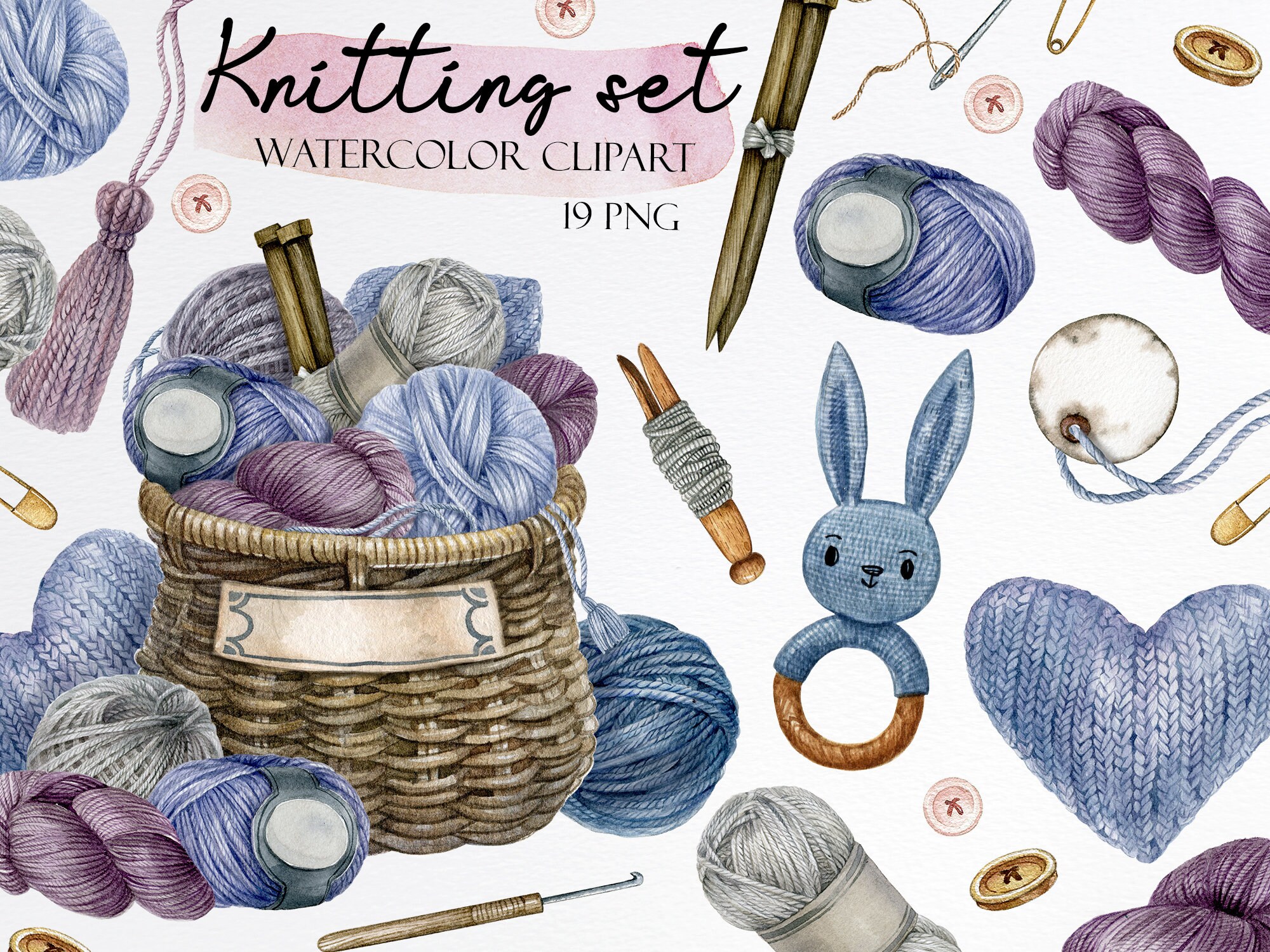 Watercolor Knitting and Crocheting tools set. Wooden Knitting