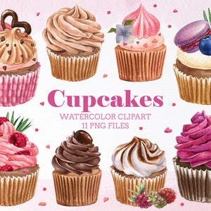 May include: Watercolor illustration of various cupcakes with different toppings, including frosting, berries, and a macaron. The image includes the text "Cupcakes" and "Watercolor Clipart 11 PNG Files."