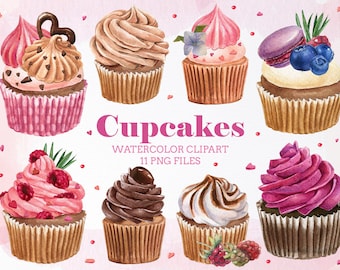 Watercolor cupcake clipart, Pink Sweets Clipart, Valentines cupcakes clipart,Chocolate cupcake PNG,Watercolor bakery clipart,Dessert clipart